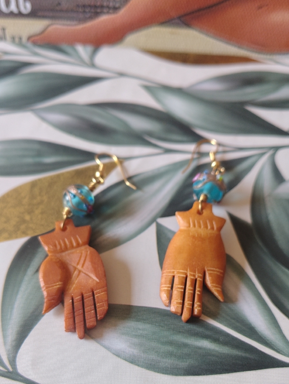 Hand-Carved Tan Palm Charm Earrings with Blue Accent Beads